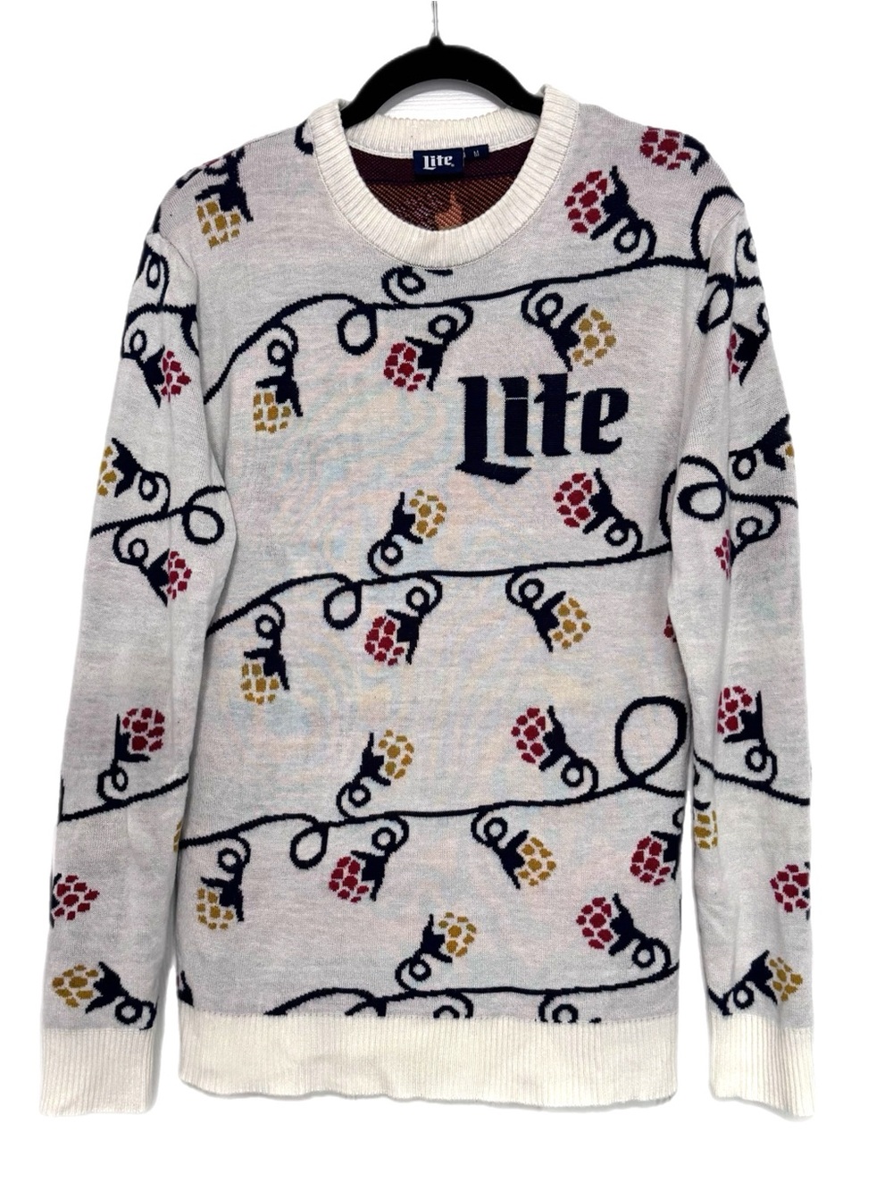 Miller Lite Beer Knit Crewneck Sweater Mens Size Medium Cream Holiday Style - Picture 2 of 6